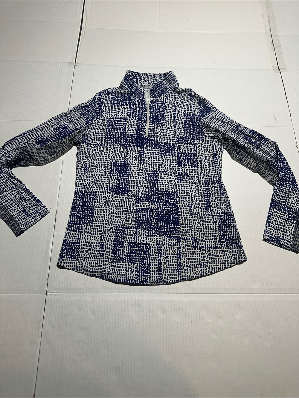 IBKUL Blue and White Patterned Pullover mock neck quarter zip up mesh side arms